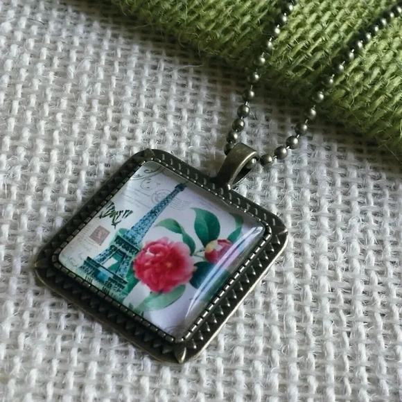 PinkDiva Jewelry - Paris France Eiffel Tower Butterfly Square Antiqued Brass Glass 27" Long Necklac